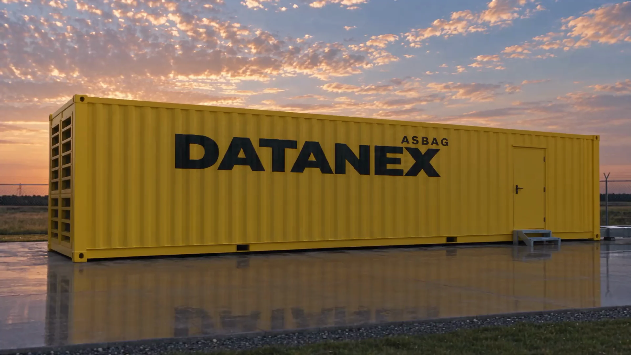 Yellow 40 ft container data center with the ASBAG Datanex mark, a louvered cooling end wall and a side door, on a wet concrete pad at golden hour