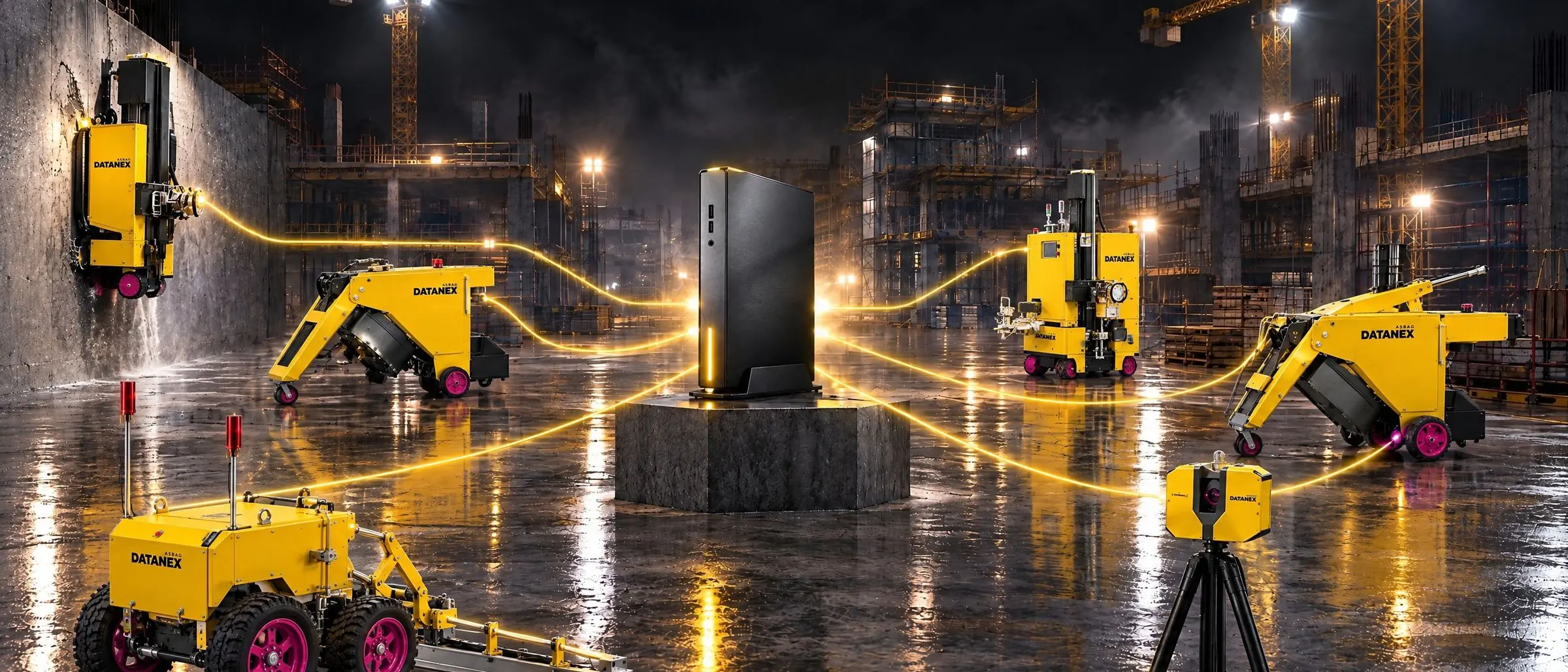 Compute node on a plinth at the center of a construction site at night, yellow robots around it
