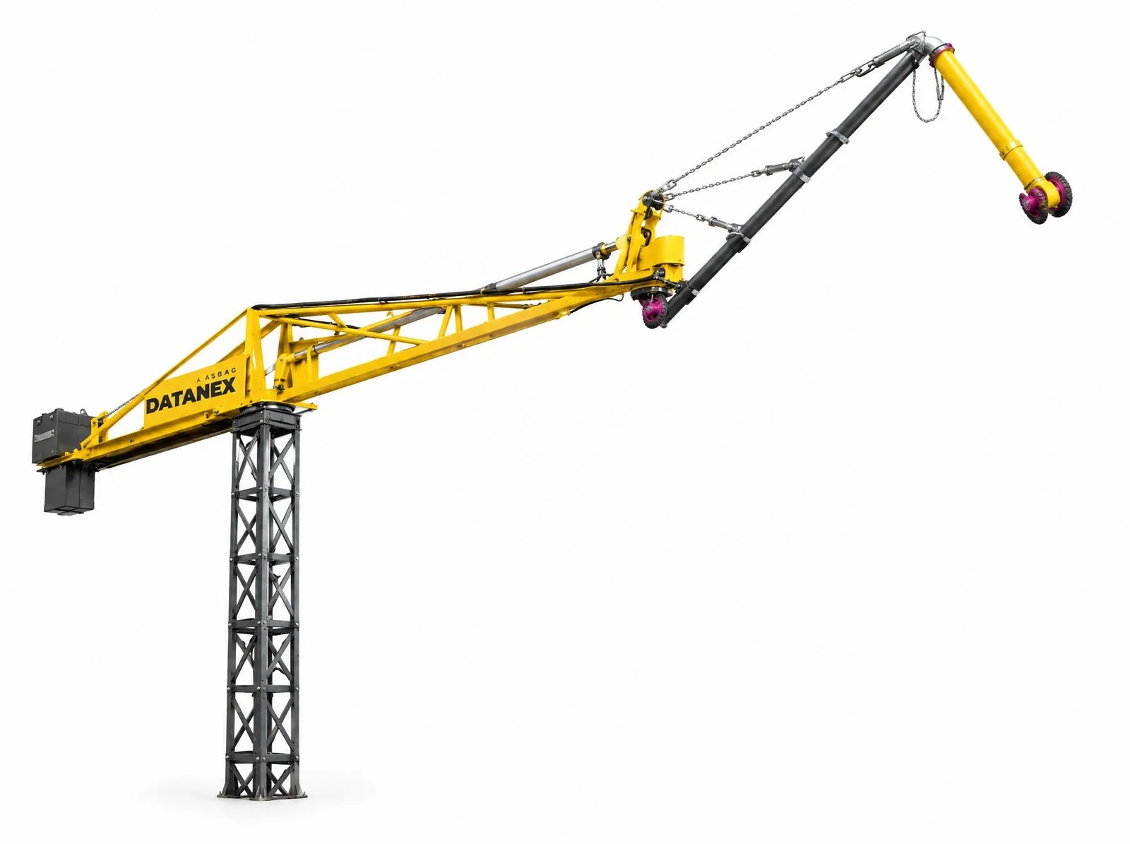 Yellow ASBAG Datanex concrete placing boom robot on a white background
