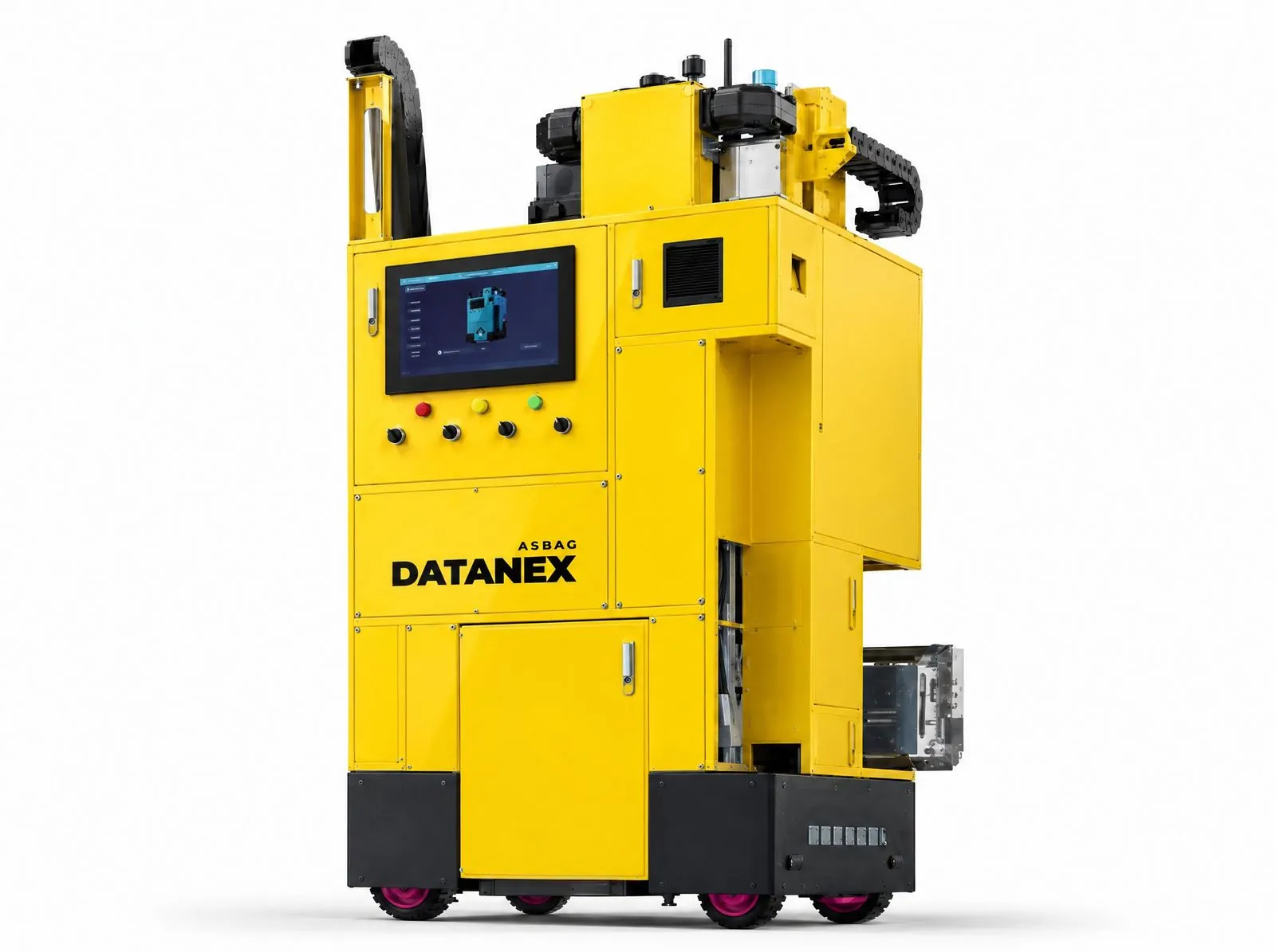 Yellow ASBAG Datanex plastering robot with a touch screen and magenta wheels
