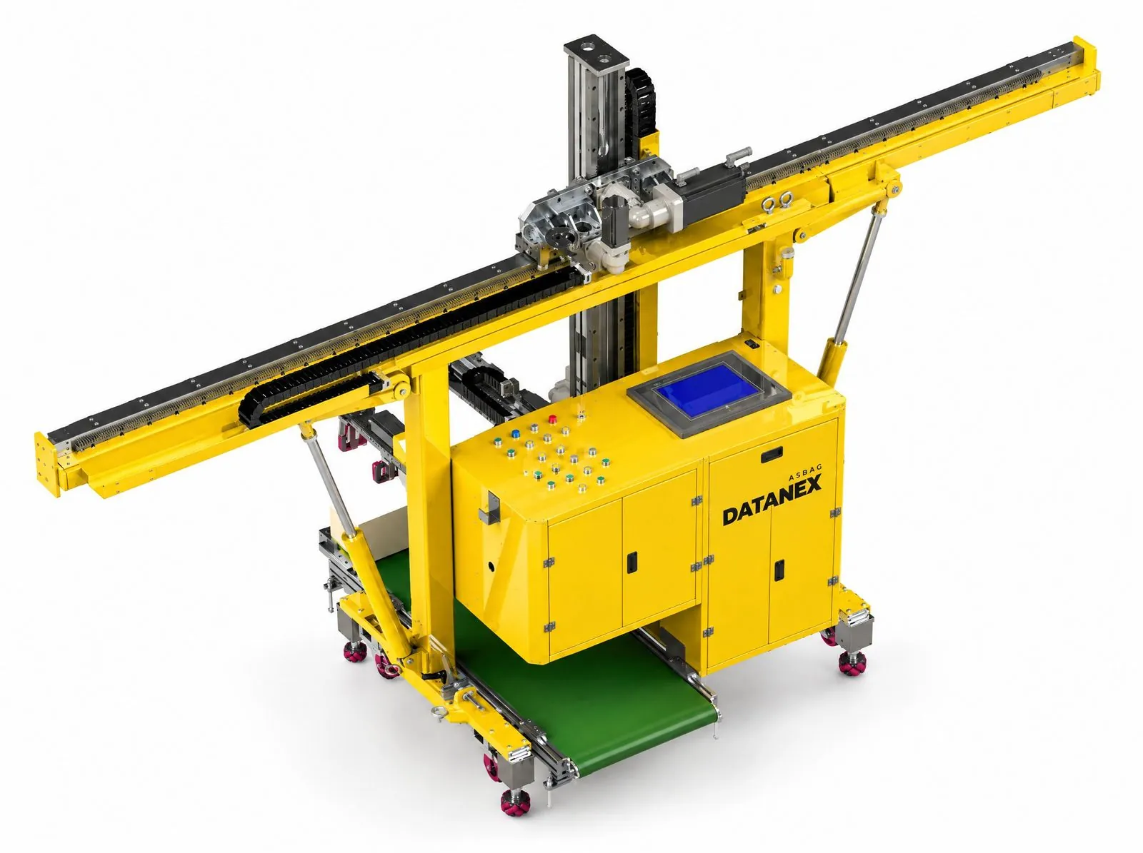 Yellow ASBAG Datanex block laying robot with a conveyor