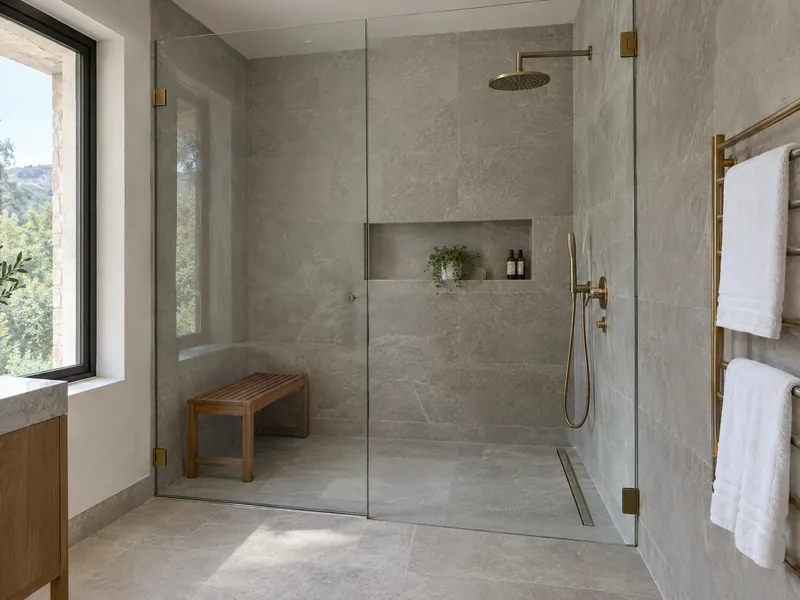 Frameless glass shower, teak bench and a brass heated towel rail