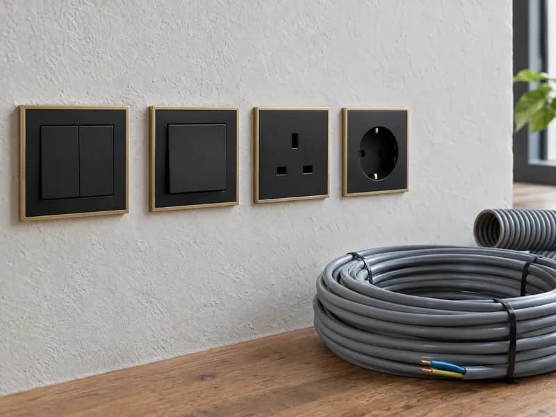 Black wall switches and sockets with brass frames next to a coil of cable