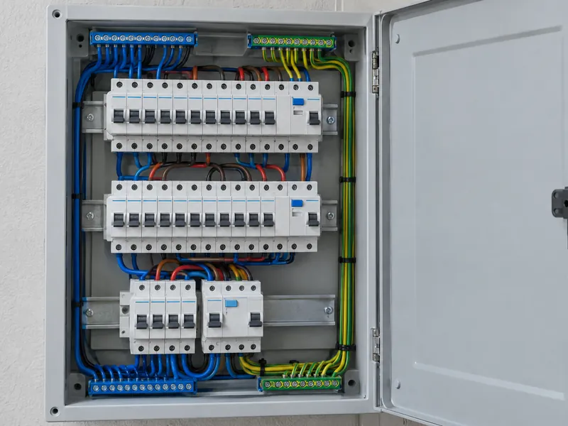 Open distribution board with rows of circuit breakers and tidy wiring