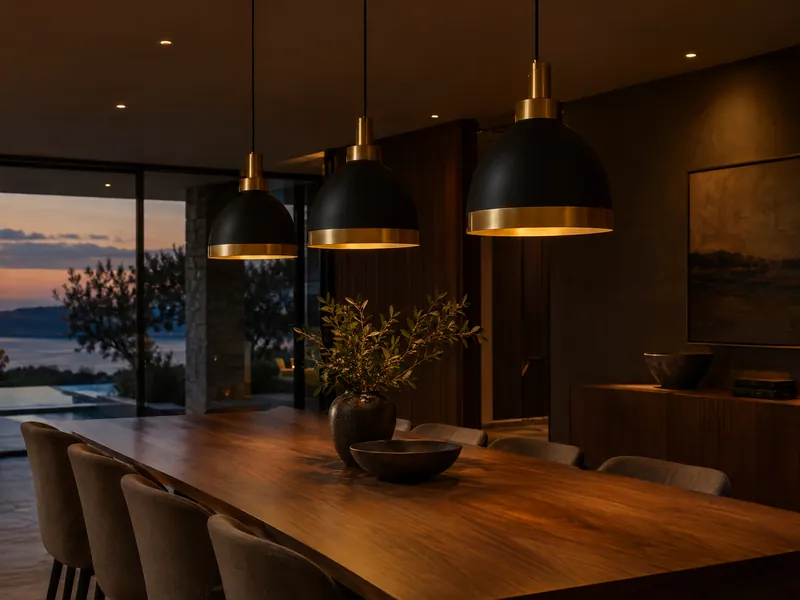 Black and brass pendant lamps over a wooden dining table at dusk