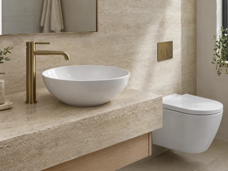 White vessel basin with a brass tap on a travertine counter and a wall-hung toilet