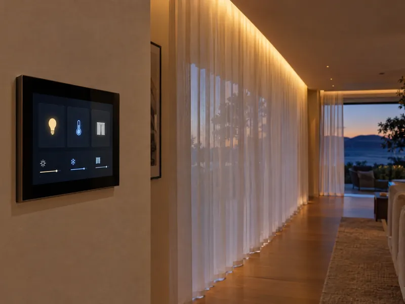 Wall touch panel with light and climate icons in a villa hallway at dusk