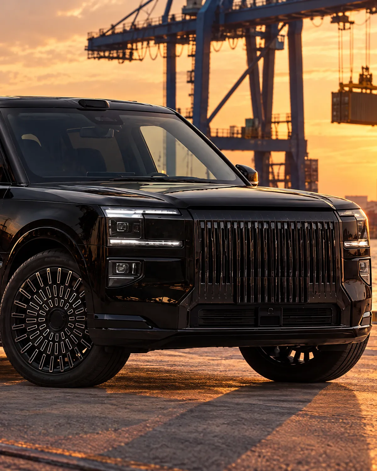 Black full-size SUV on a port quay at sunset