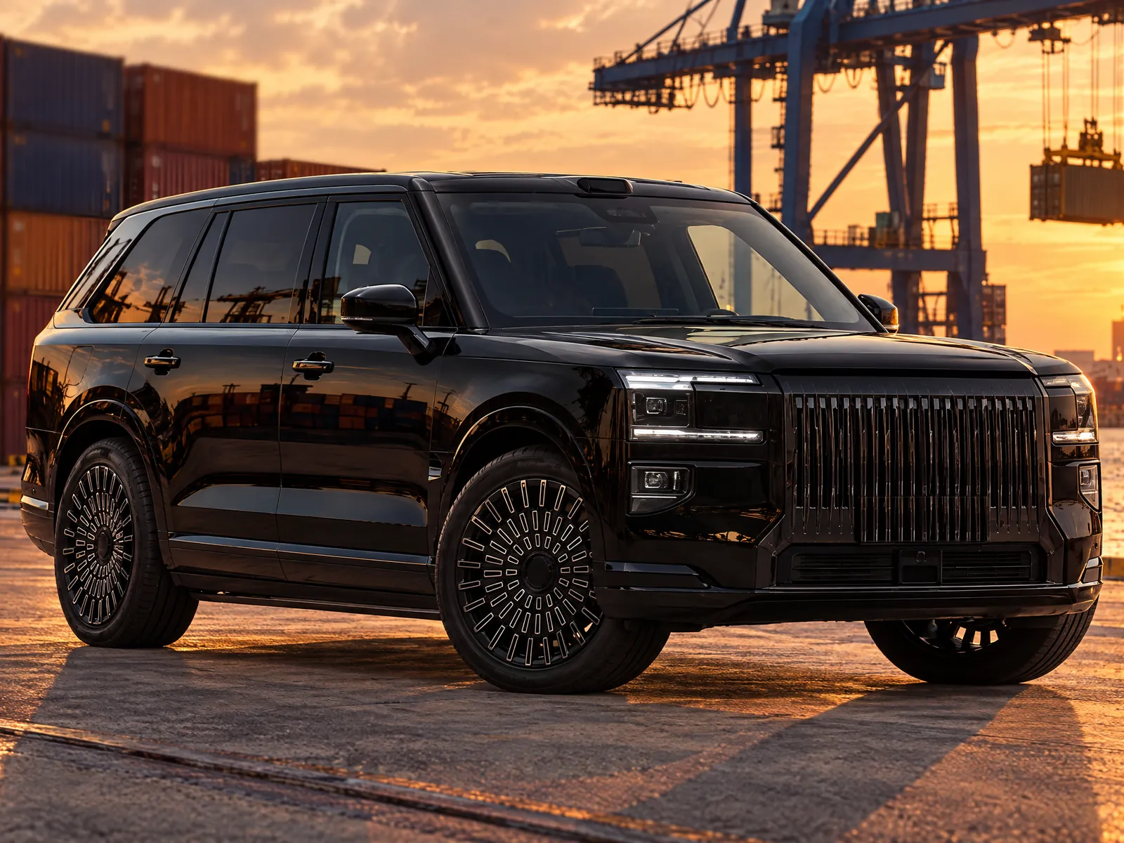 Black full-size SUV on a port quay at sunset
