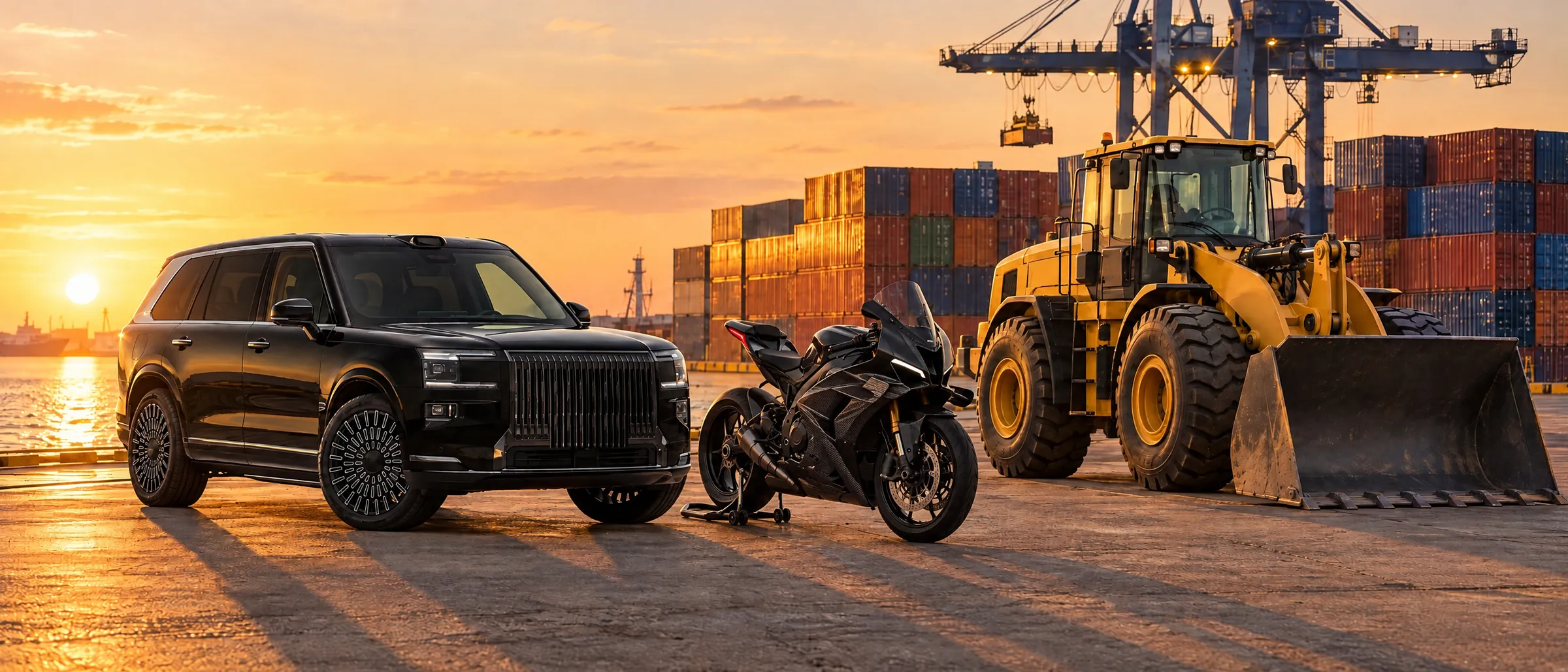 Black SUV, sport motorcycle and yellow wheel loader on a port quay at sunset