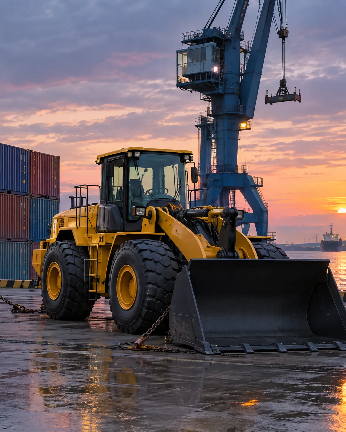 Yellow wheel loader ready for shipment on a port quay