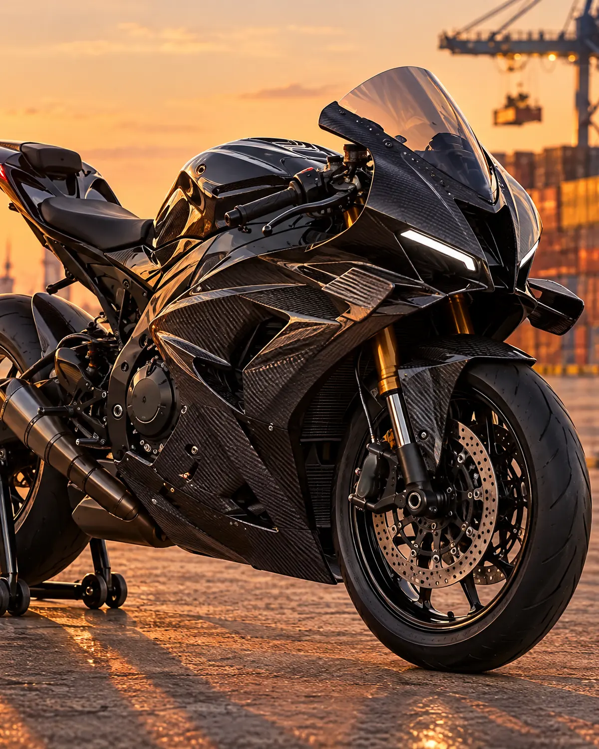 Black litre-class sport motorcycle with carbon winglets on a port quay at sunset