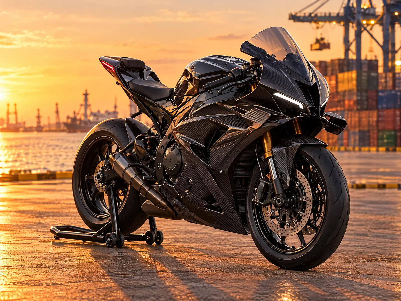 Black litre-class sport motorcycle with carbon winglets on a port quay at sunset