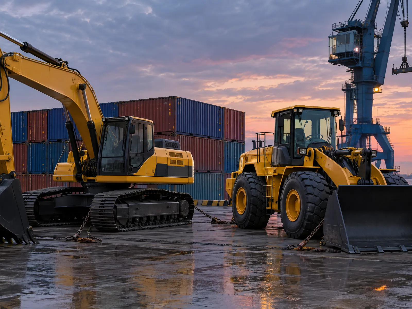Excavator and wheel loader ready for shipment on a port quay