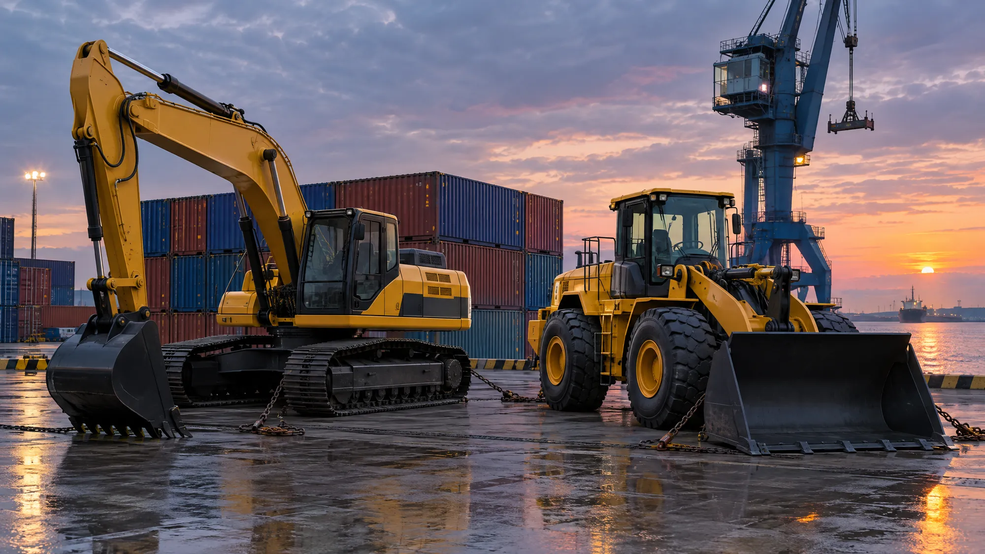 Excavator and wheel loader ready for shipment on a port quay