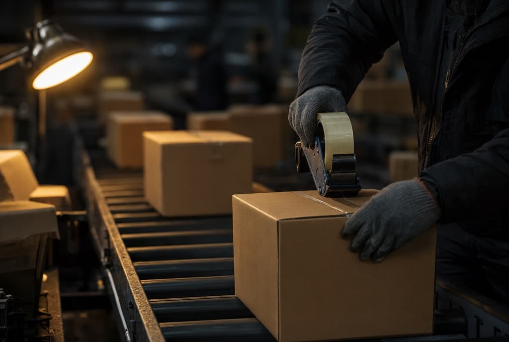 Parcels being sealed on a warehouse conveyor