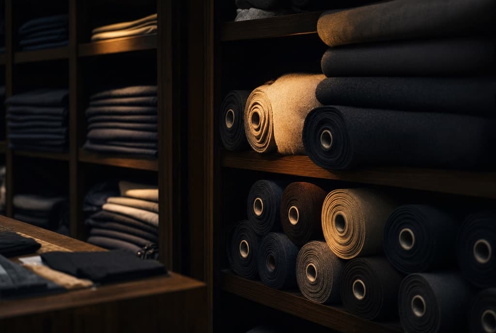 Fabric rolls and folded garments in a Guangzhou showroom