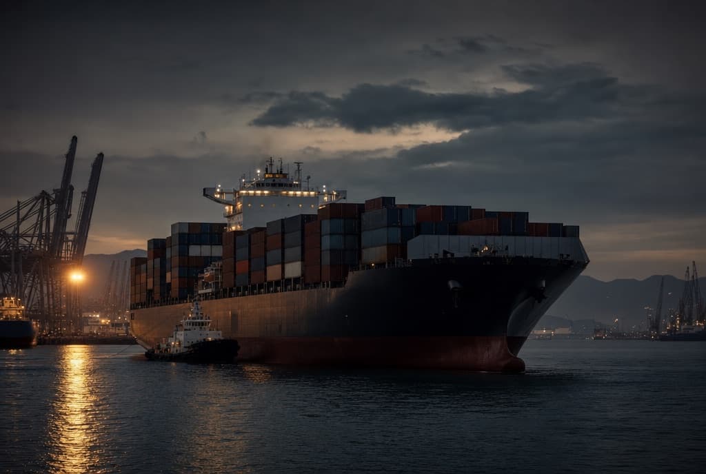 Container ship leaving a Chinese port at dusk