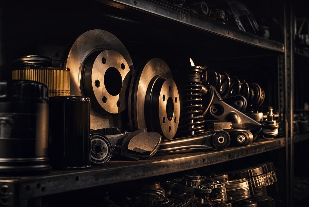 New brake discs and suspension parts on a warehouse shelf