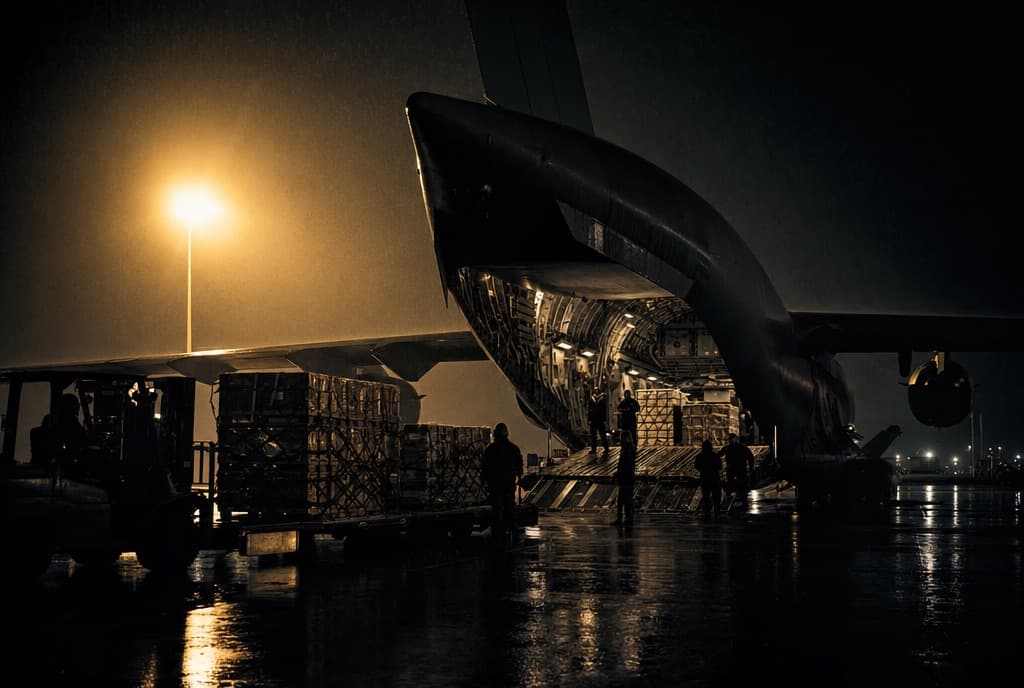 Cargo aircraft loaded with freight pallets at night