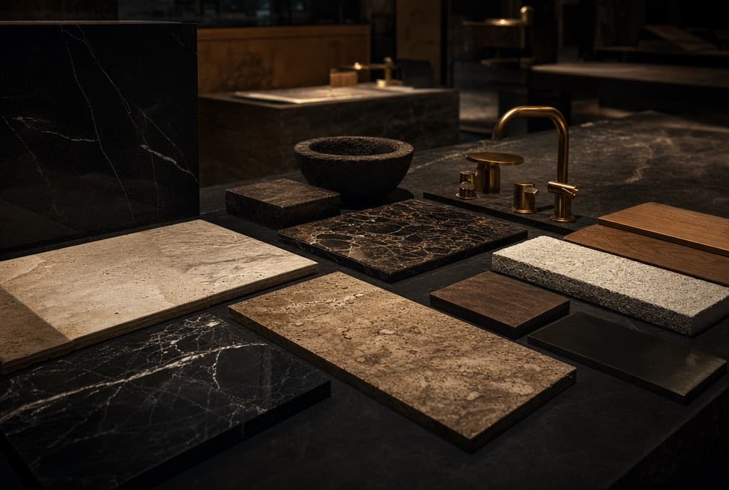 Marble, travertine and oak material samples with brass fixtures