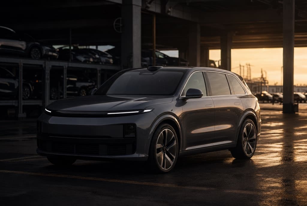 Unbranded electric SUV in a vehicle logistics terminal at dusk