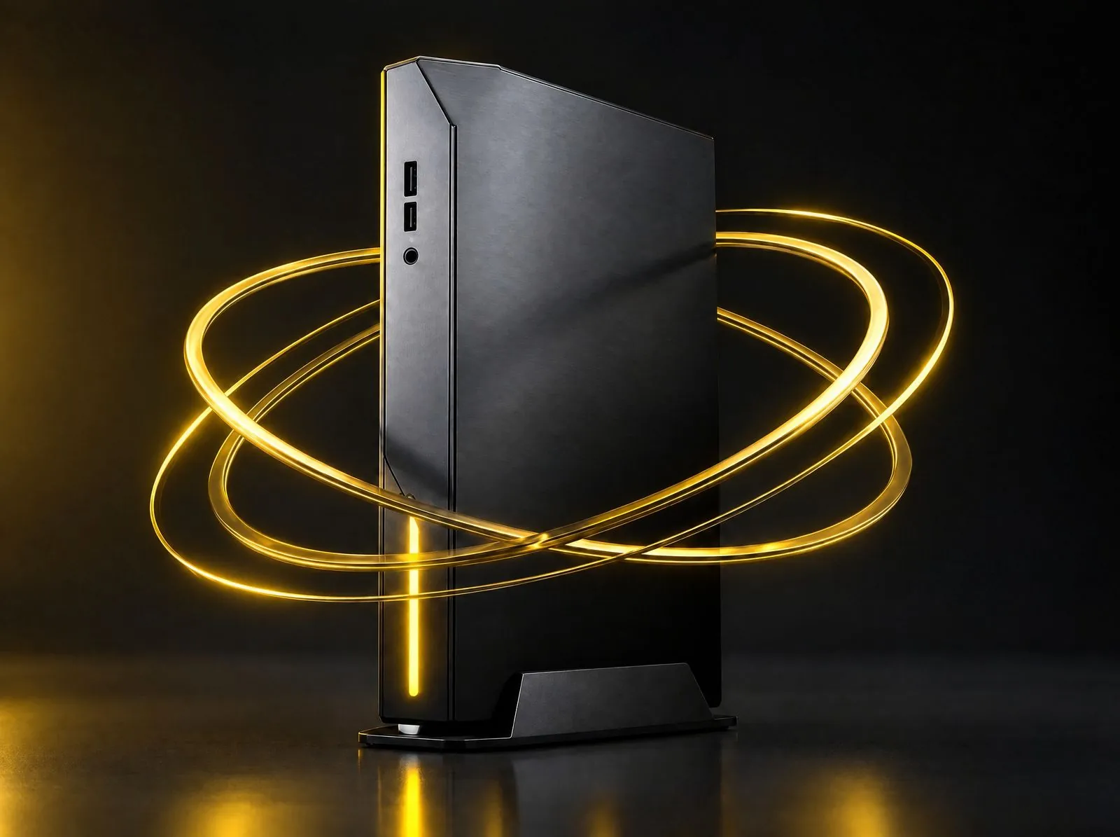 Compact black compute node with yellow light rings on a dark background