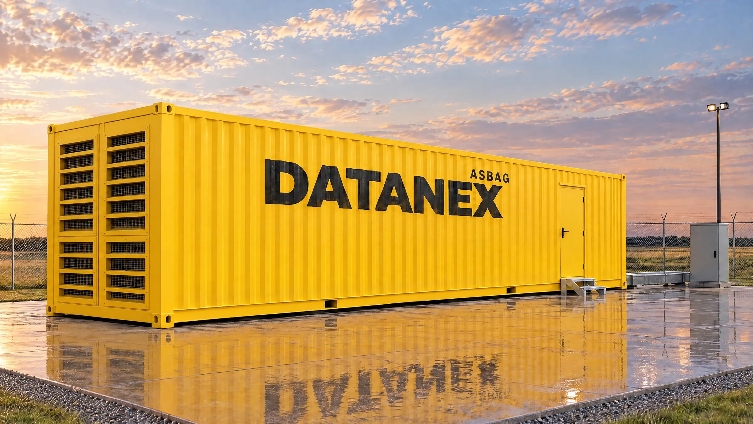Yellow 40 ft container data center with the ASBAG Datanex mark, a louvered cooling end wall and a side door, on a wet concrete pad at golden hour