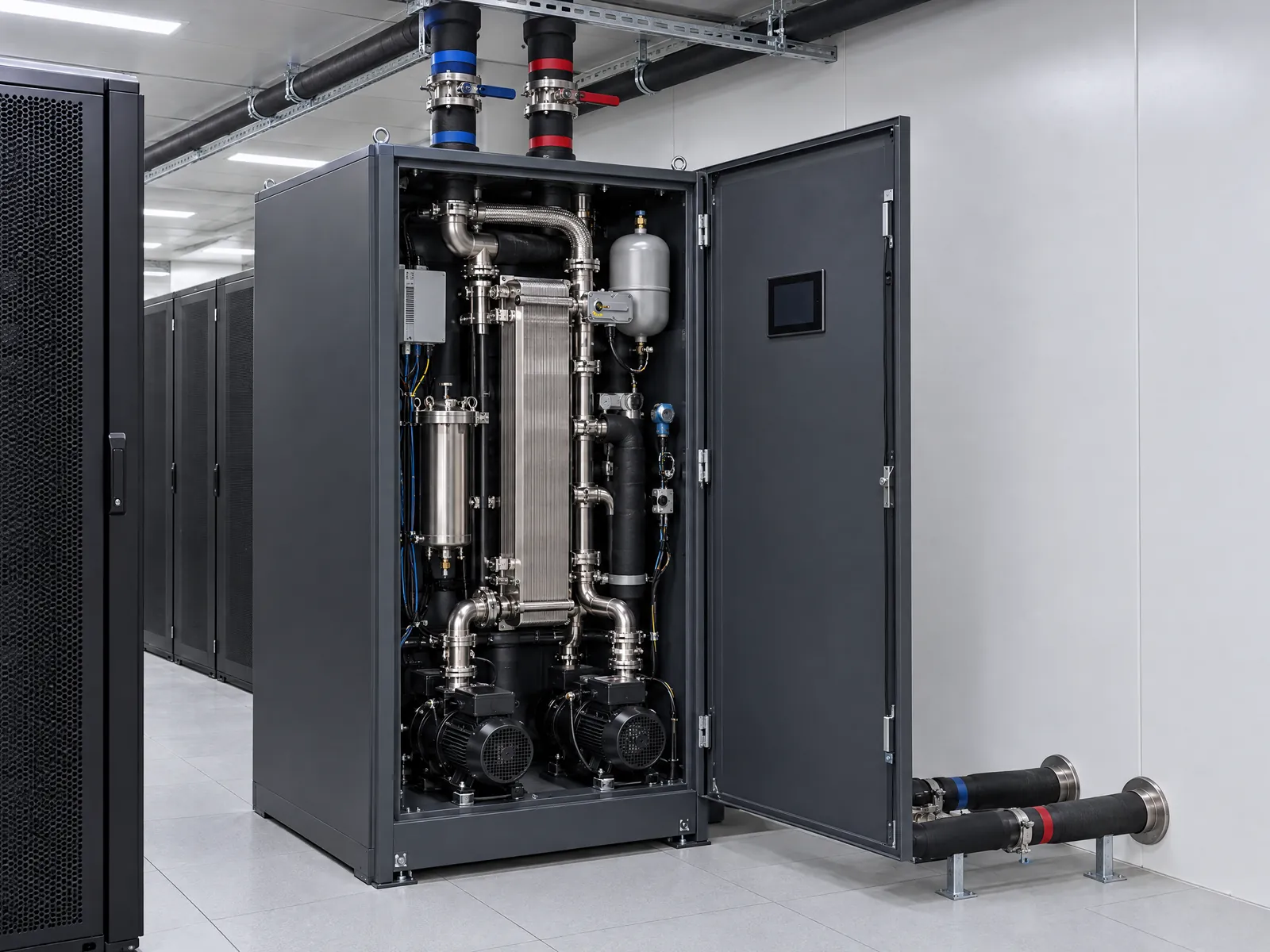 Coolant distribution unit with its door open at the end of the rack row: plate heat exchanger, two pumps and insulated pipes leaving through the wall