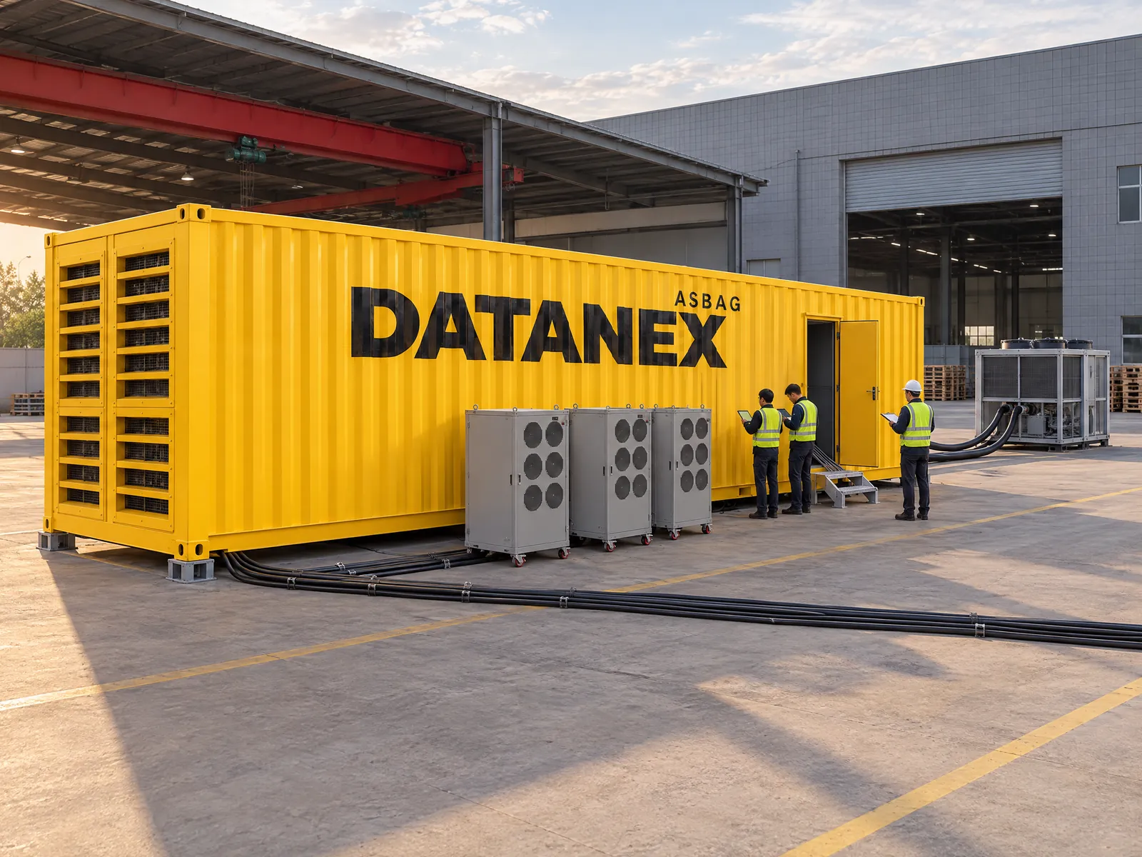 Factory acceptance test of a yellow container data center before shipment: load banks and a temporary chiller connected, engineers checking readings at the open door