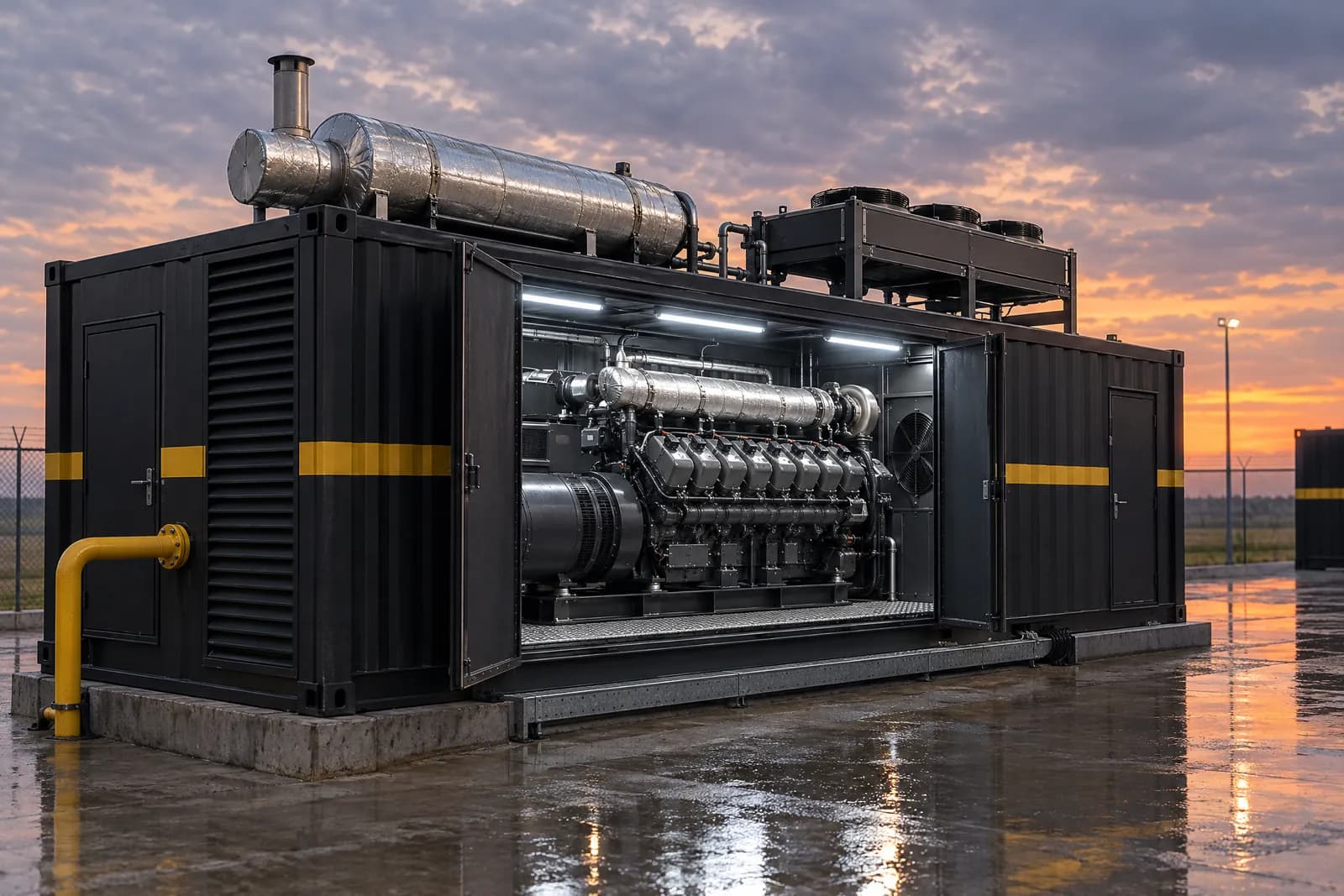 Containerized gas generator set with its side doors open: V-type gas engine and alternator inside, exhaust silencer and radiator on the roof, gas pipe at the end wall