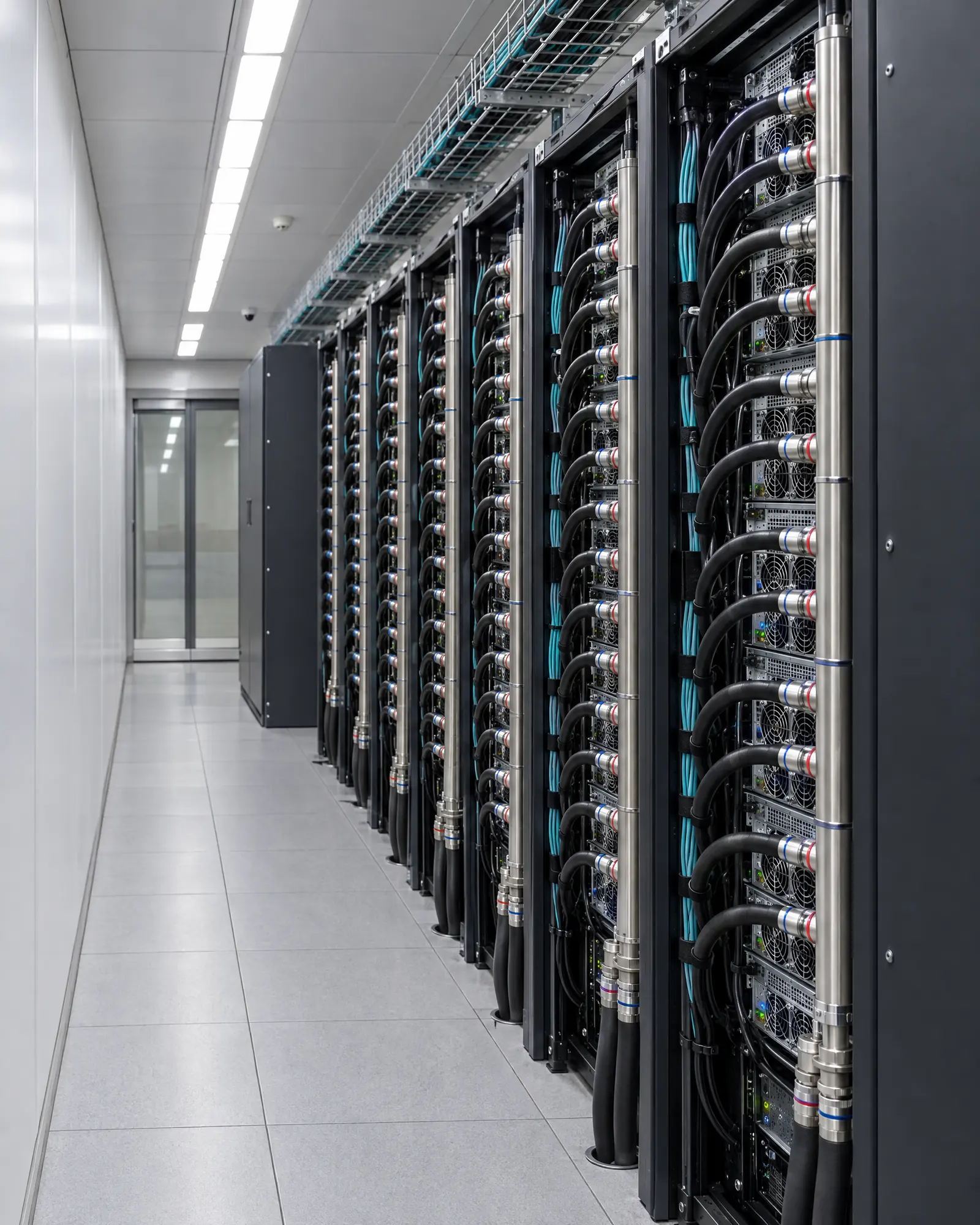 Hot aisle inside a liquid-cooled container data center: rack rears with coolant manifolds and black hoses, a coolant distribution unit at the end of the row