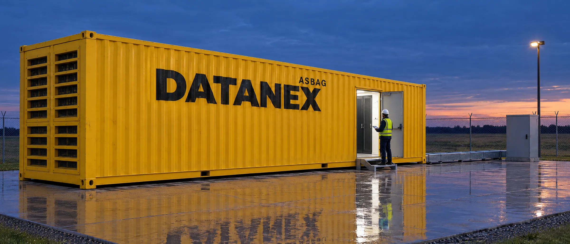 Yellow 40 ft container data center with the ASBAG Datanex mark at blue hour, its side personnel door open and a technician with a tablet on the step