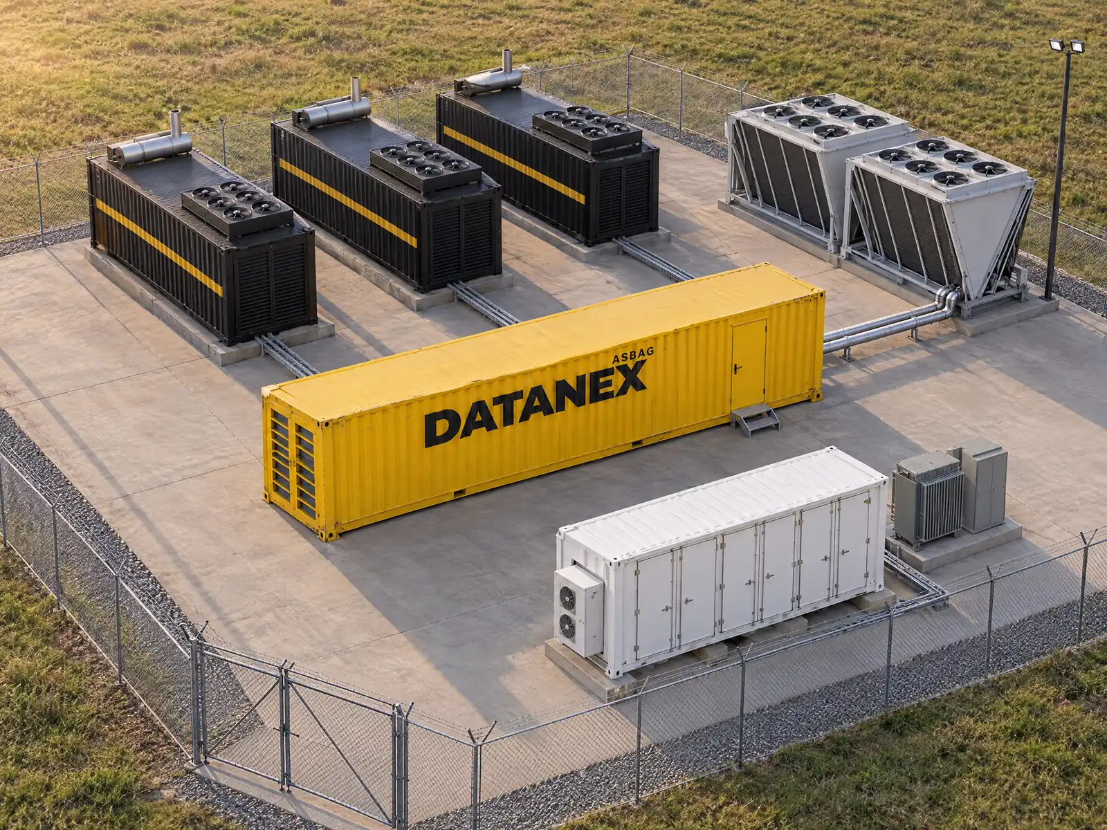 Data center site from above: yellow container data center, V-shaped dry coolers, black gas generator sets, a white battery storage container and a transformer on one fenced concrete pad