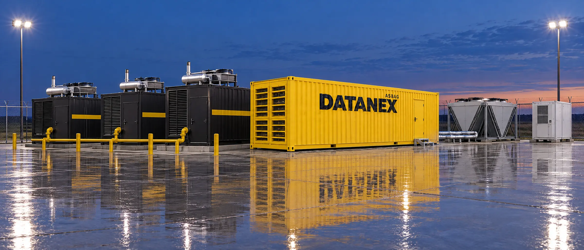 Row of black gas generator sets with yellow stripes beside a yellow container data center and dry coolers at blue hour, floodlights on