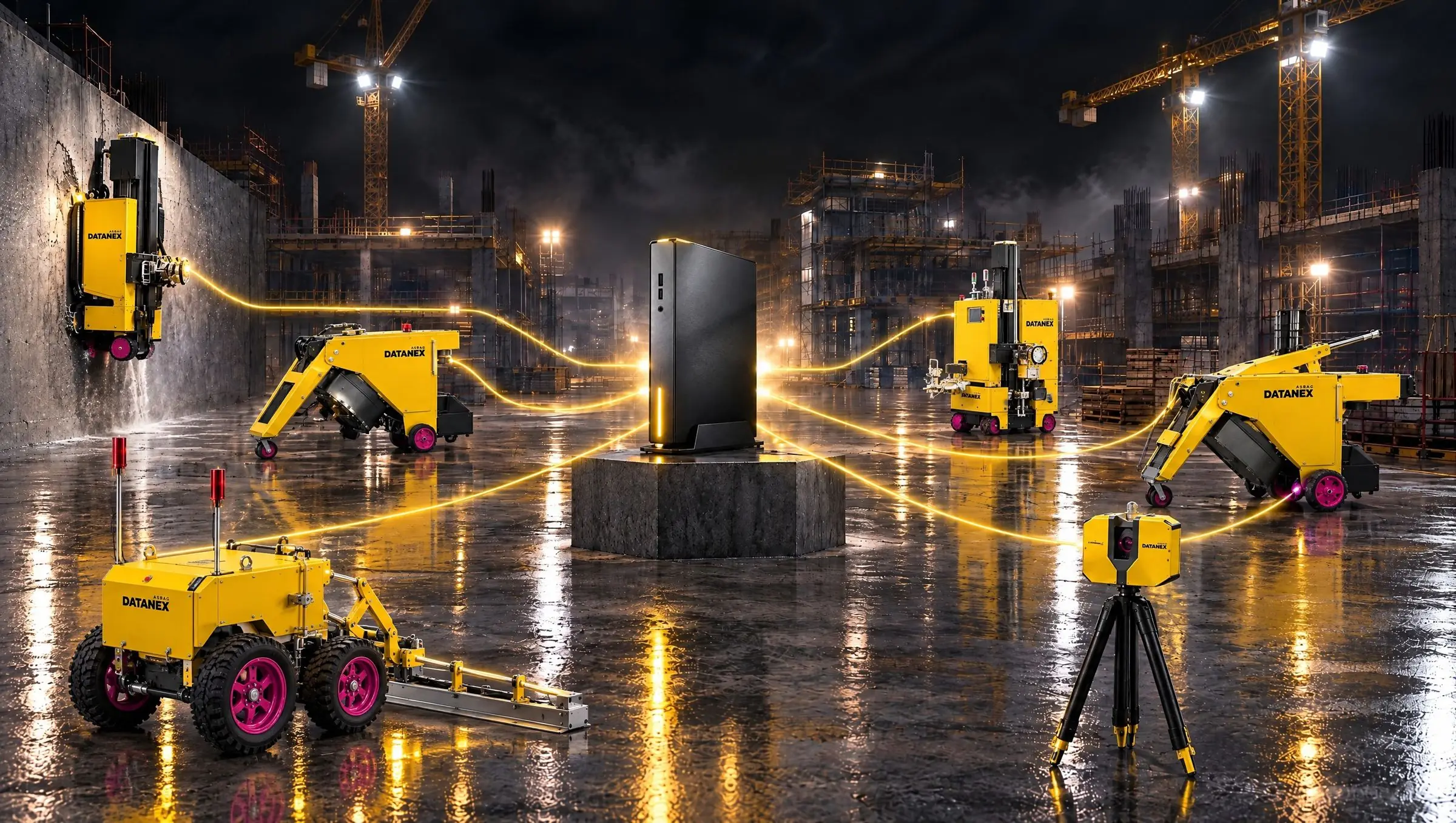 Yellow ASBAG Datanex robots working on a construction site at night around a compute node