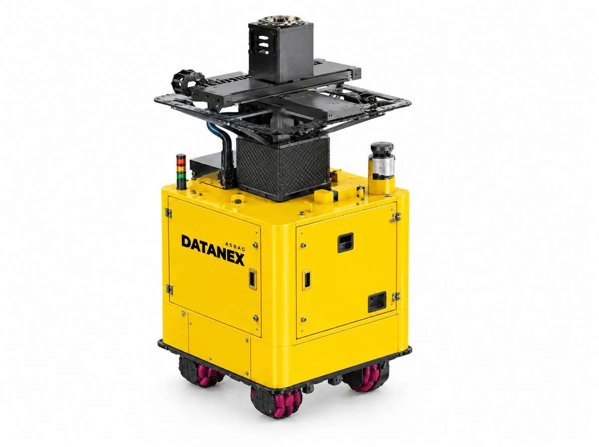 Yellow ASBAG Datanex ceiling grinding robot on a white background