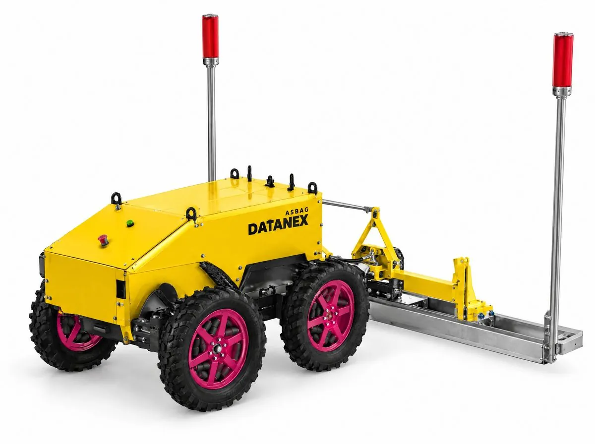Yellow ASBAG Datanex floor leveling robot on a white background