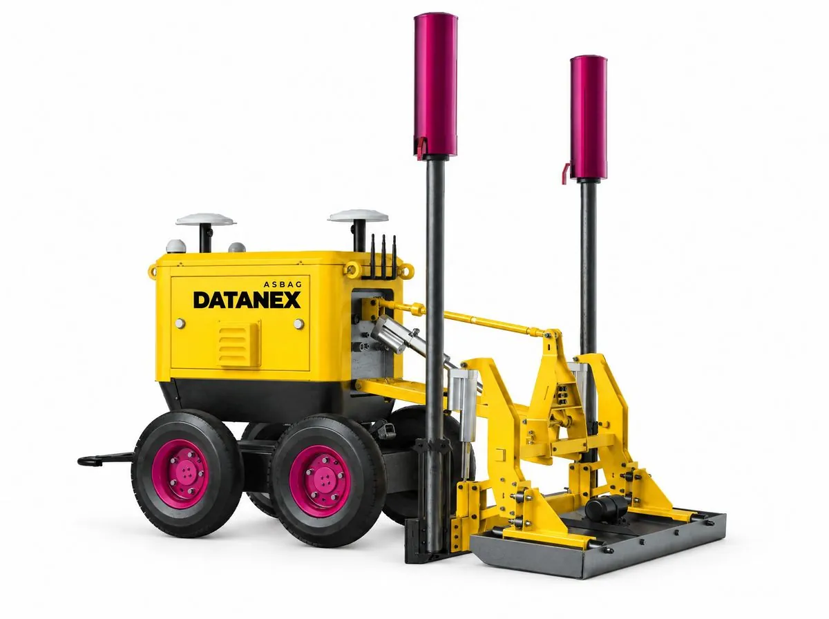 Yellow ASBAG Datanex floor screeding robot on a white background