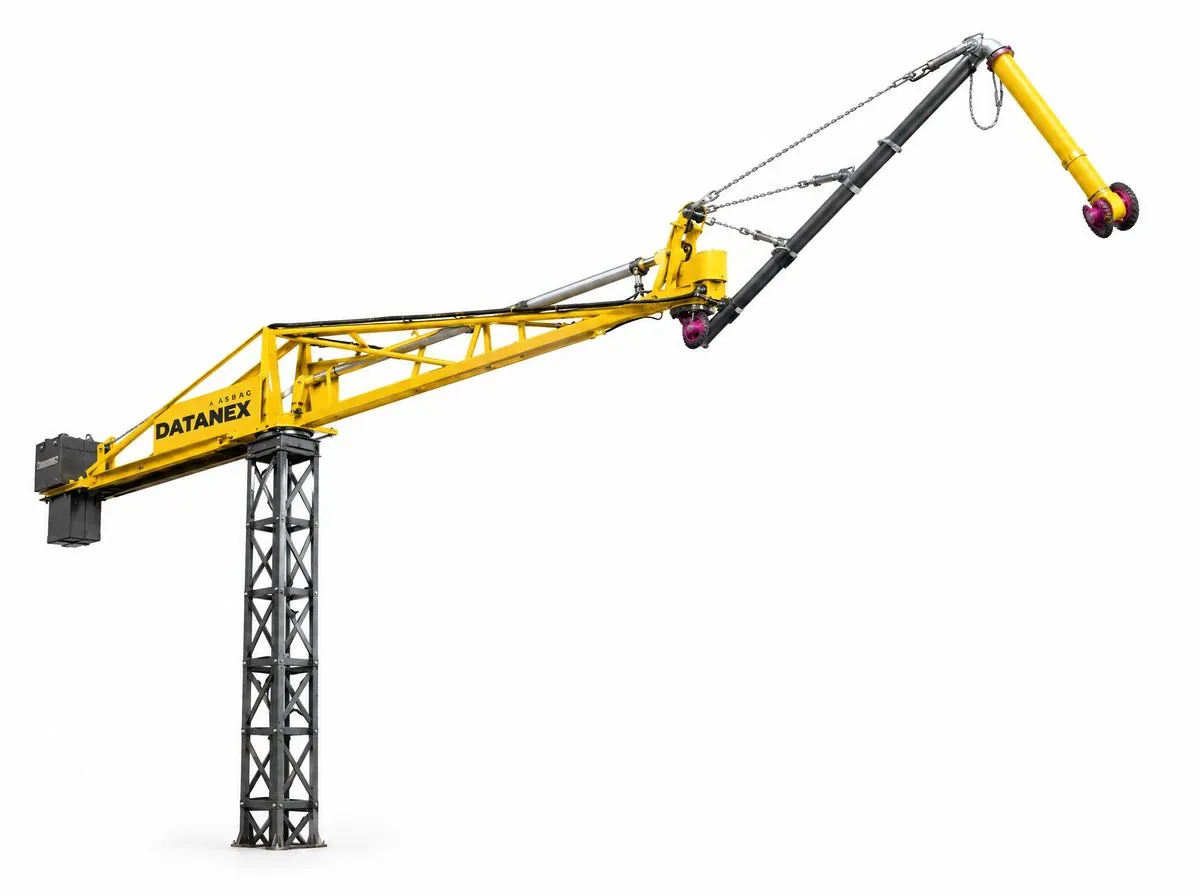 Yellow ASBAG Datanex tracking concrete placing boom on a white background