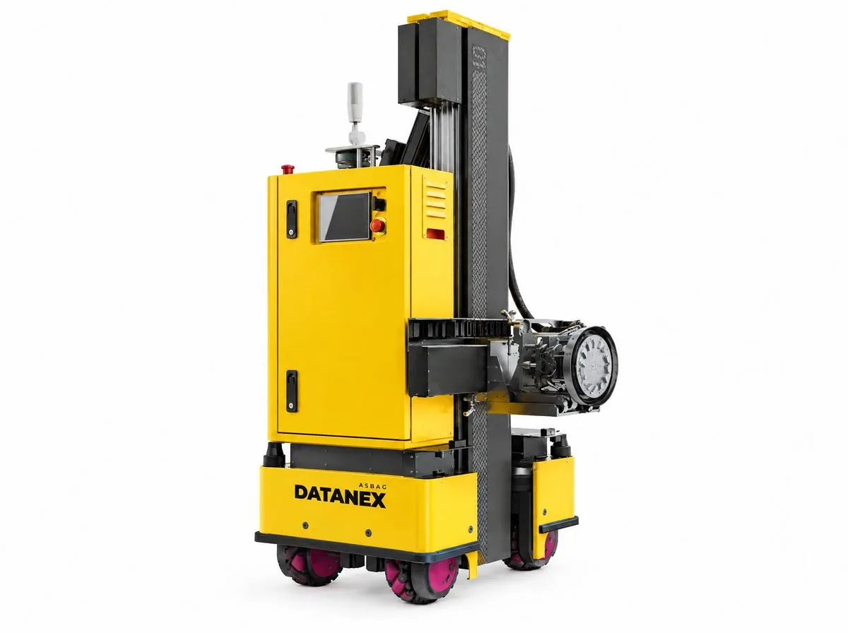 Yellow ASBAG Datanex shear wall grinding robot on a white background