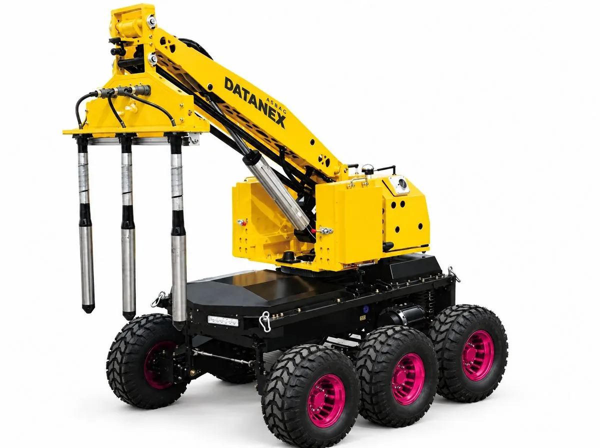 Yellow ASBAG Datanex concrete vibrating robot on a white background