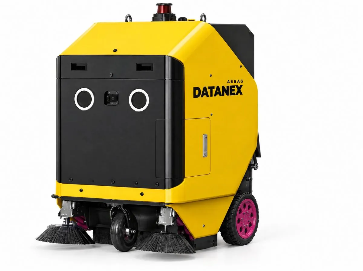 Yellow ASBAG Datanex construction cleaning robot on a white background