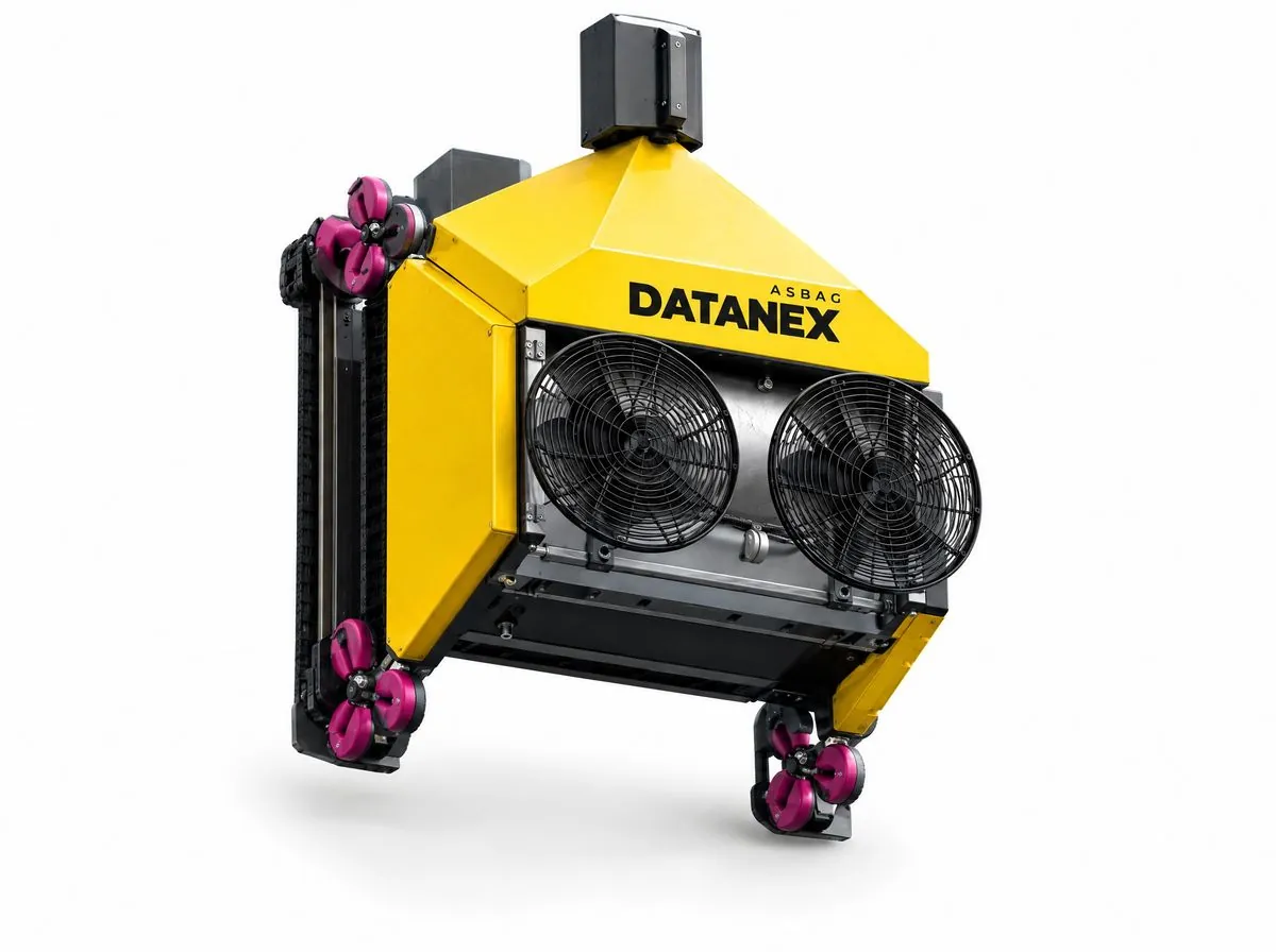 Yellow ASBAG Datanex curtain wall cleaning robot on a white background