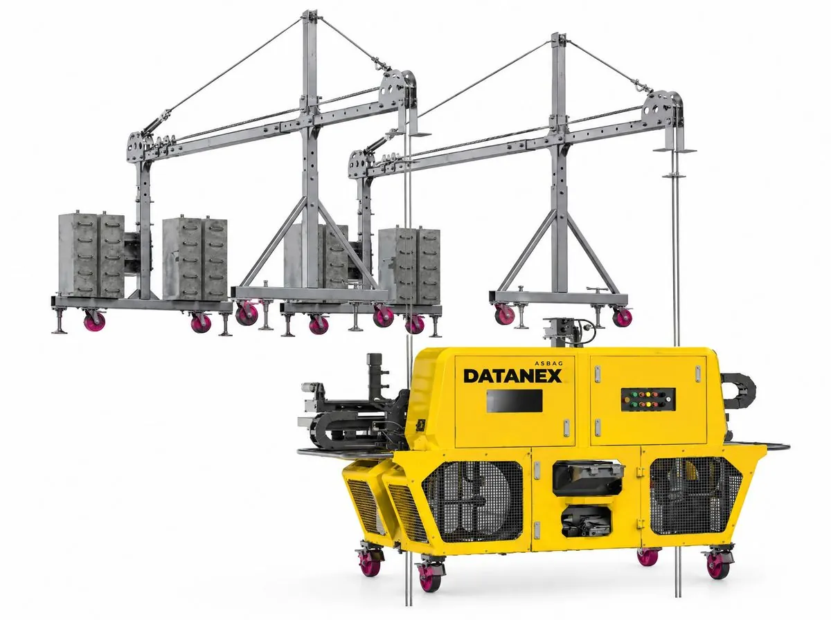Yellow ASBAG Datanex exterior wall spraying system on a white background