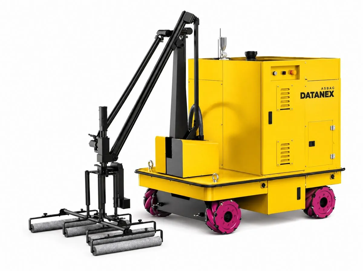 Yellow ASBAG Datanex floor coating robot on a white background