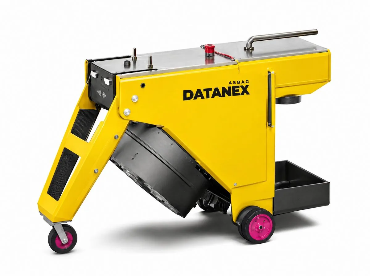 Yellow ASBAG Datanex floor grinding robot on a white background