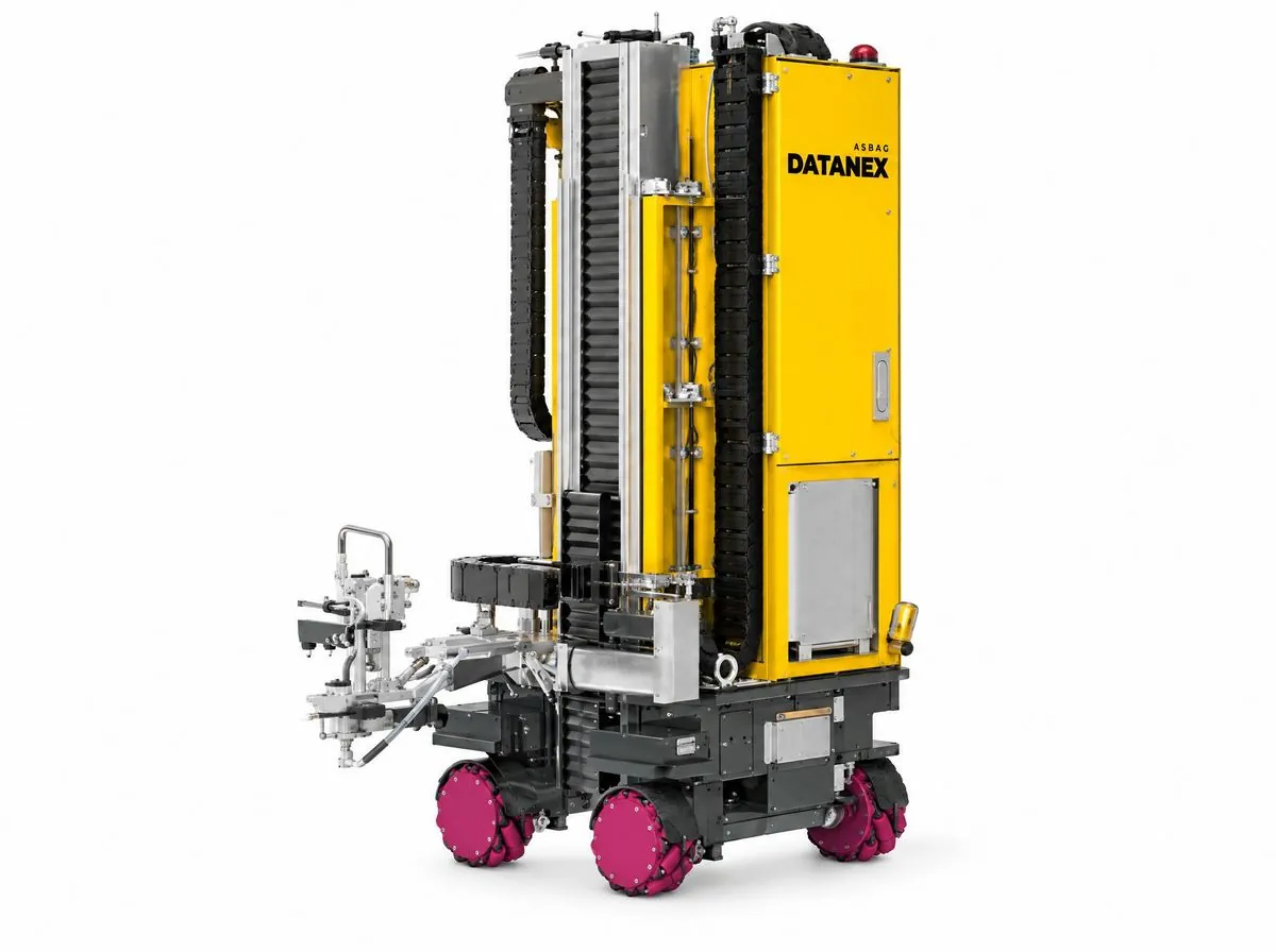 Yellow ASBAG Datanex indoor spraying robot on a white background
