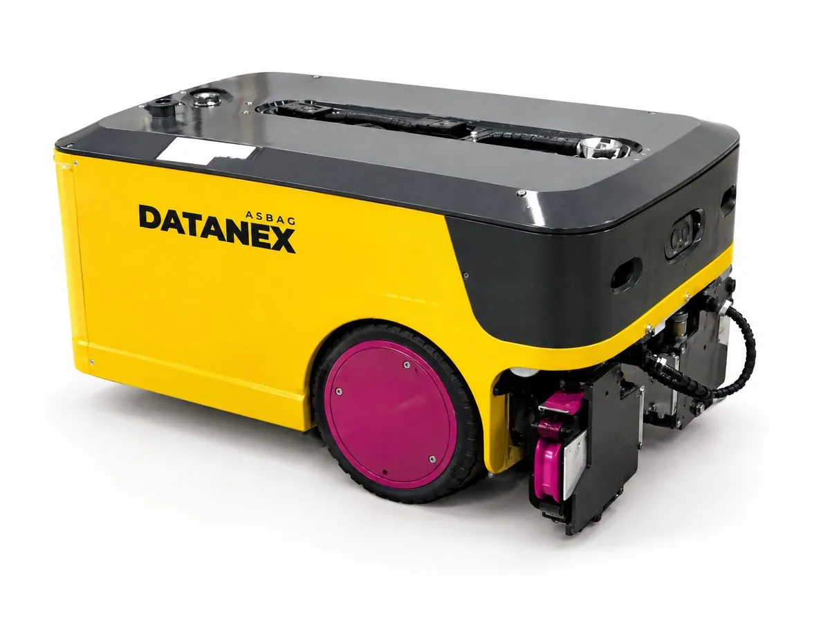 Yellow ASBAG Datanex BIM layout marking robot on a white background
