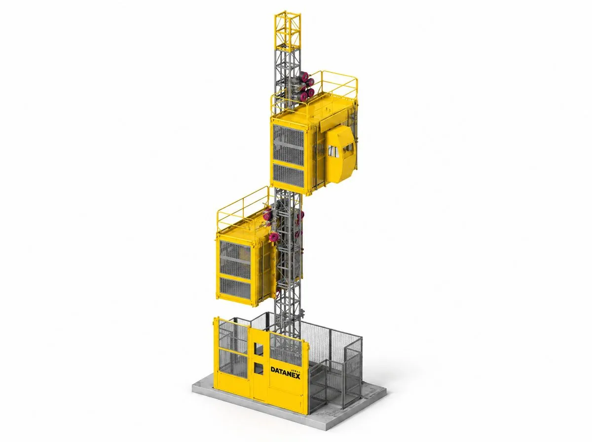 Yellow ASBAG Datanex construction hoist on a white background